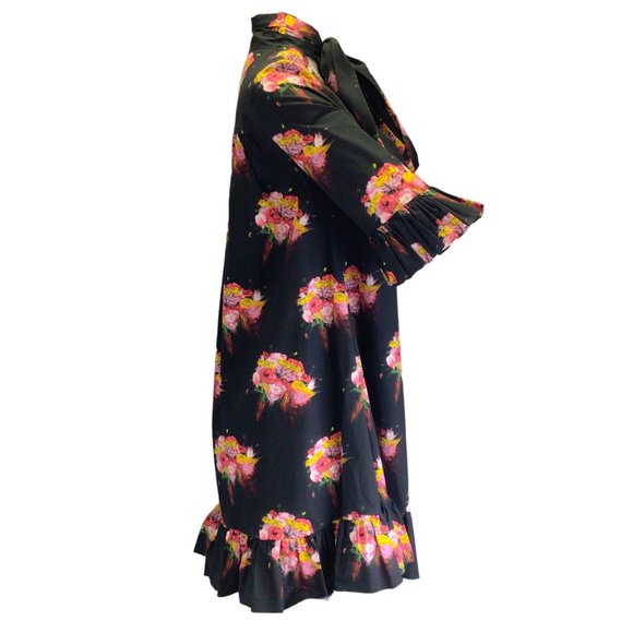 JONATHAN COHEN BLACK MULTI FLORAL PRINTED TIE-NECK COTTON DRESS - Picture 2 of 4